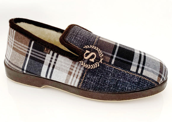 Pantoufle écossais marron fourrée laine Chaussures V Confort