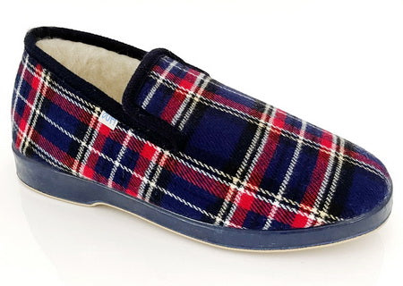pantoufle écossais bleu fourrée laine - Chaussures V Confort
